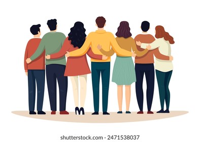 A group of people are standing together, with some of them hugging. Concept of unity and togetherness, as the people are all standing close to each other. Scene is warm and friendly. Flat cartoon