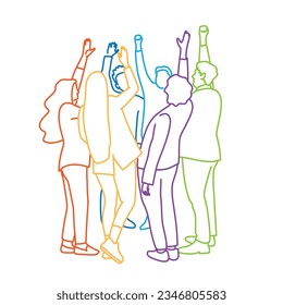 Group of people standing together with their hands raised, in a circle of friends. Hand drawn vector illustration.