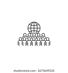 A Group Of People Standing Under A Globe, Representing A Global Community, International Cooperation, Or A Worldwide Organization. Simple, Clean, And Modern Design.