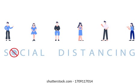 Group of people standing wearing mask separate physical distancing. Social distancing. Covid-19 coronavirus pandemic outbreak banner. Health care and medical vector.