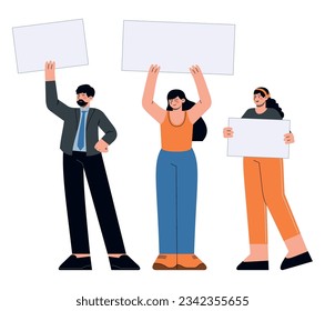 Group of people standing with white banners. Flat vector minimalist illustrations of different people characters