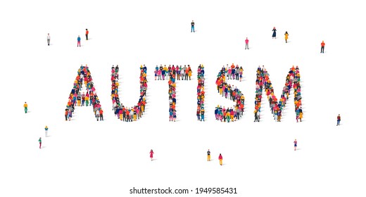 Group of people standing in the word Autism. Autism Awareness Day. Healthcare concept. Vector illustration on white background.