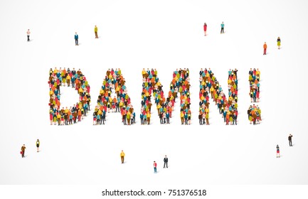 Group of people standing in the word Damn. Vector illustration on white background. The concept of frustration.