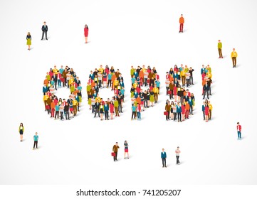 Group of people standing in the word Oops. Vector illustration on white background. The concept of error.