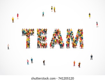 Group of people standing in the word Team. Vector illustration on white background. The concept of teamwork.