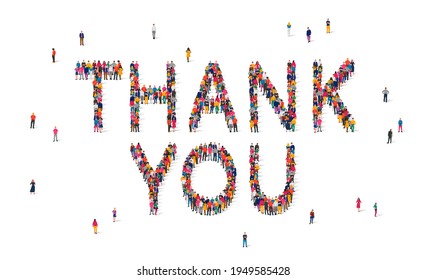 Group of people standing in the word Thank You. Vector illustration on white background. A concept of gratitude.