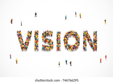 Group of people standing in the word Vision. Vector illustration on white background. Concept point of opinion.