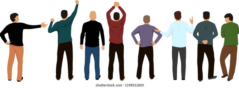 a group of people stands with their backs. people in different poses