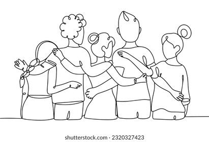 A group of people stands together. Warm friendly atmosphere. One line drawing for different uses. Vector illustration.