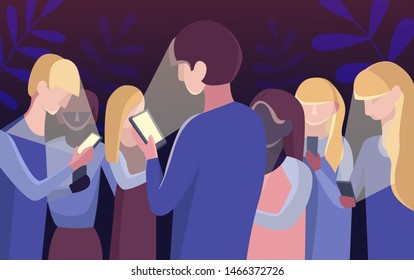 Group of people staring at their mobile phones in minimal flat design