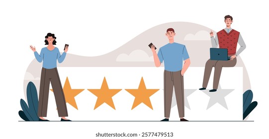 Group of people with stars, holding devices, and interacting on a light background with clouds. Concept of customer rating, feedback, and satisfaction. Vector illustration