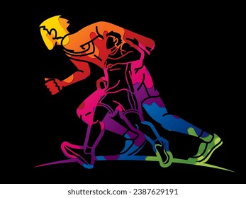 Grupo de personas empieza a correr hombres corredora juntos maratón ejecutando vector gráfico deportivo de dibujos animados