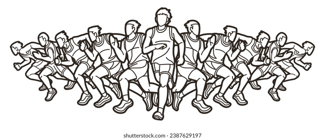Grupo de personas empieza a correr hombres corredora juntos maratón ejecutando vector gráfico deportivo de dibujos animados