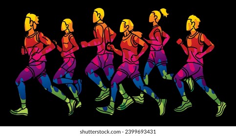 Group of People Start Running Runner Action Men and Women Jogging Together Cartoon Sport Graphic Vector