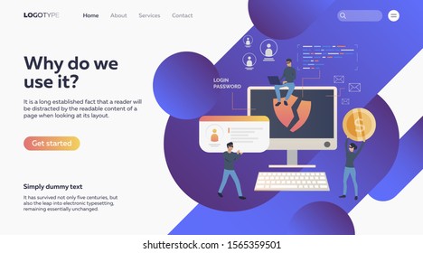 Group of people stealing finances and data. Vector illustration. Hacker, attack, information. Cybercrime and finance concept for banner, website design or landing web page