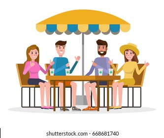 Group of people in a street Cafe. Friendship and summer season concept. flat character design. vector illustration