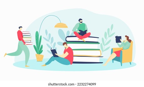 Group of people student together reading textbook, tiny character sitting book stack flat vector illustration, isolated on white.