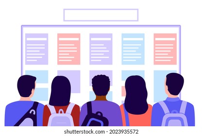 Group of people students with bags looks at list, plan, schedule or training course in school on board, back view. Meeting of young men and women before education. Vector illustration