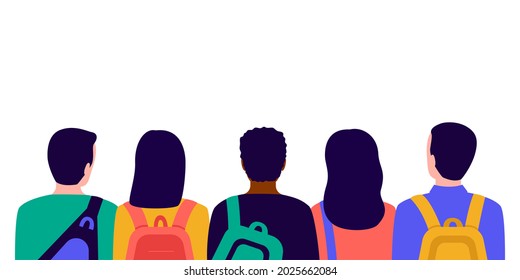 Group of people students with bags in school, back view. Meeting of young men and women before education. Vector illustration