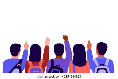 Group of people students with bags in school, back view. Meeting of happy young men and women before education. Vector illustration