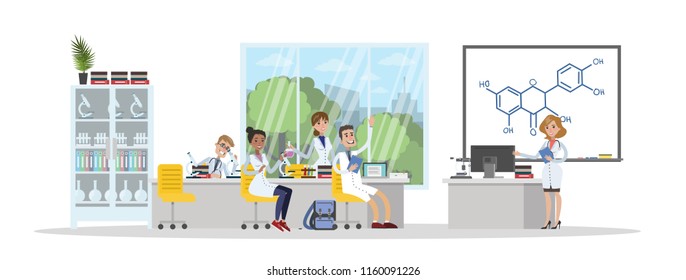 Group of people study in the university chemistry. Professor giving a lecture to students. Studying for diploma. Isolated vector flat illustration