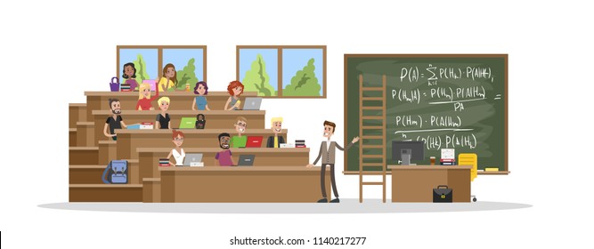 Group of people study in the university with laptop computers. Professor giving a lecture to students. Studying for diploma. Isolated vector flat illustration