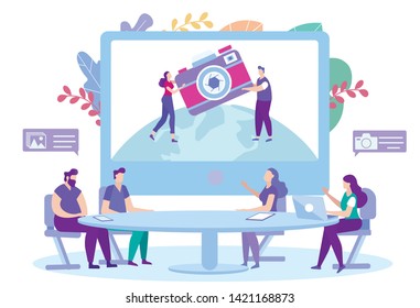 Group People Studying Course Photography Remotely. Distance Learning. Lesson Online. E-Learning. Men on Background Monitor. Vector Illustration. Study Photography. Man and Woman with Camera.