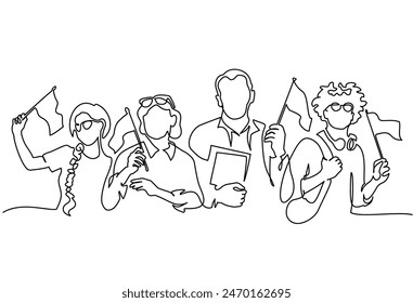 Group of people studying foreign languages and holding foreign flags. Continuous one line drawing. Welcome banner vector illustration.