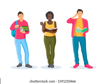 Group of people studying together reading book in bookshop, in library. African and europeans students prepare for the examination, read books cartoon vector illustration