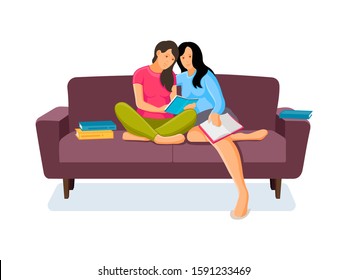Group of people studying together reading book in bookshop, in library. Two girls are sitting on a sofa, talking to each other, and discussing books, prepare for the examination cartoon vector