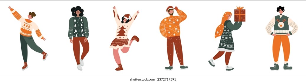 Group of people in stylish Christmas clothes on white background