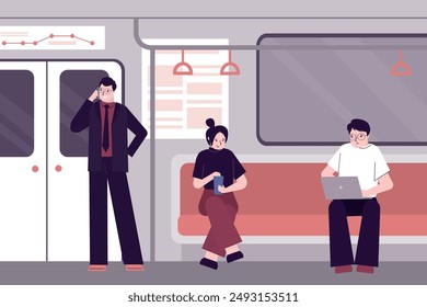 Group of people in subway train. Inside metro carriage. Underground car. Various passengers uses public municipal transport, MRT. Railway, metropolitan railroad urban transportation. flat vector