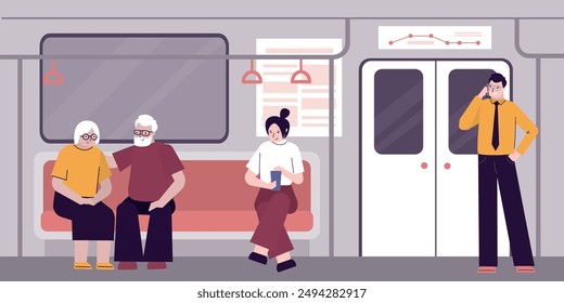 Group of people in subway train. Inside metro carriage. Underground car. Young and elderly passengers uses public municipal transport, MRT. Railway, metropolitan railroad urban transportation. vector