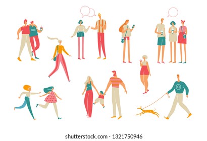 Group of people in the summer. Man, women, boys, girls, family with child, walk, drink coffee, eat ice cream, walk a dog, talking. Family, friendship, friends. Isolated characters on white background