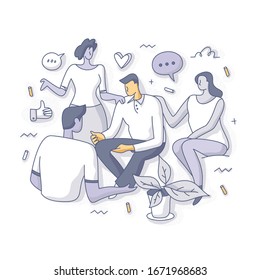 Group Of People Supporting Their Friend. They Share Their Experience, Talking And Discussing To Overcome Difficulties. Peer Support & Group Therapy Concept. Doodle Vector Spot Illustration