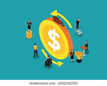 Group of people surrounding a large dollar coin, symbolizing financial success. The image showcases various activities related to wealth and exchange 3d isometric vector illustration