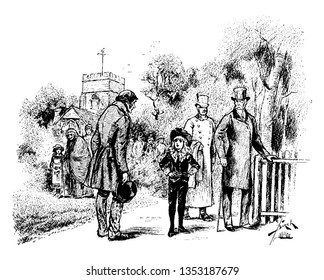 Grupo de personas que rodean a un hombre hablando con un niño, dibujo vintage o ilustración de grabado