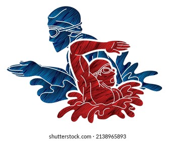 Group of People Swimming Action Swimmer Pose Mix Cartoon Sport Graphic Vector