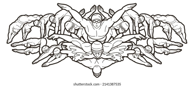 Group of People Swimming Action Swimmer Cartoon Sport Graphic Vector