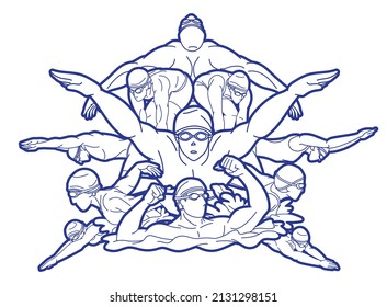 Group of People Swimming Together Cartoon Sport Graphic Vector