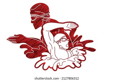 Group of People Swimming Together Swimmer Action Cartoon Sport Graphic Vector