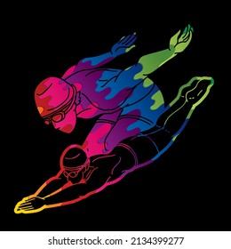 Group of People Swimming Together Swimmer Action Cartoon Sport Graphic Vector