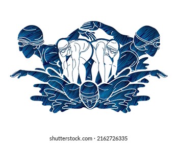 Group of People Swimming Together Swimmer Sport Action Cartoon Graphic Vector