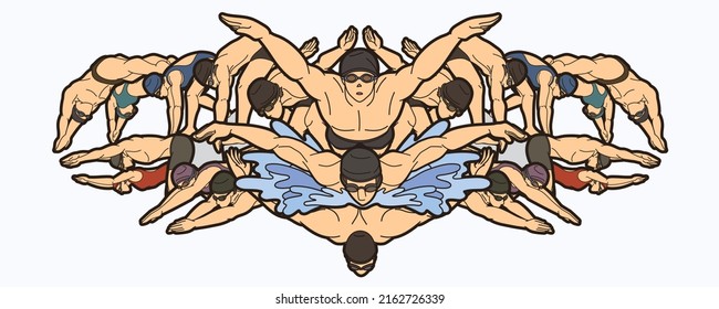 Grupo de personas que nadan juntos Swimmer Sport Action Cartoon Graphic Vector