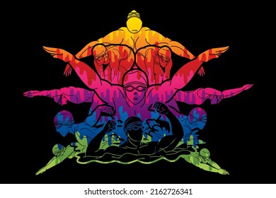 Group of People Swimming Together Swimmer Sport Action Cartoon Graphic Vector