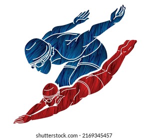 Group of People Swimming Together Swimmer Action Cartoon Sport Graphic Vector