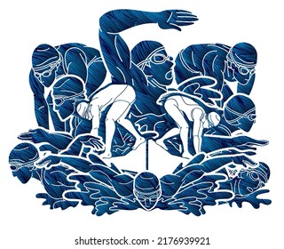 Group of People Swimming Together Swimmer Action Cartoon Sport Graphic Vector