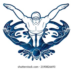 Group of People Swimming Together Swimmer Action Cartoon Sport Graphic Vector	