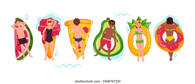 Grupo de personas con trajes de baño flotando en colchones de aire. Gente nadando, tomando el sol y relajándose en anillos inflables de diferentes formas. Fiesta de billar. Vista superior. Ilustración vectorial.