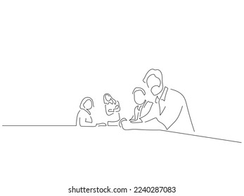Gruppe von Leuten an einem Tisch in Linie Art Zeichnen Stil. Zusammensetzung der Gelegenheitsmenschen. Schwarze lineare Skizze einzeln auf weißem Hintergrund. Vektorgrafik-Design.